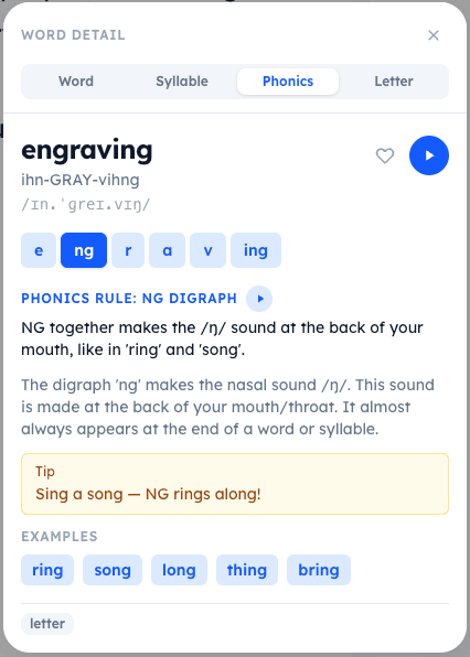 SnapPhonics word detail card showing phonics breakdown, IPA, and pronunciation